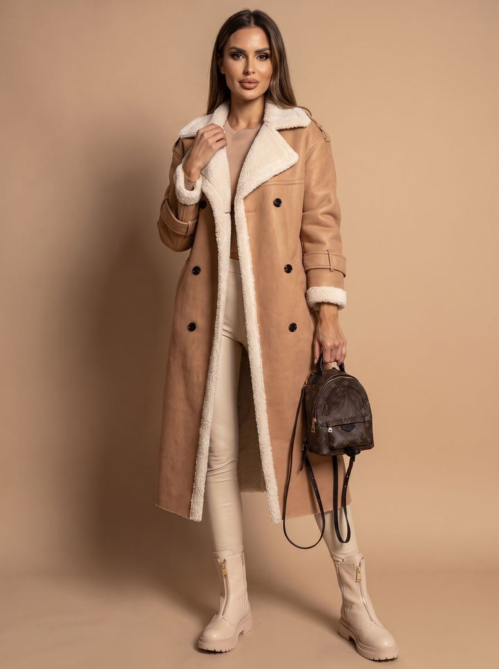 Dames Teddy Jas Dubbele Rij Knopen Trenchcoat met Schapenvacht Voering - Khaki