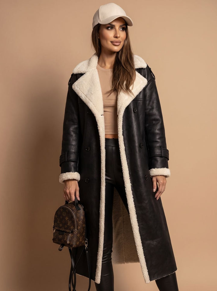 Dames Teddy Jas Dubbele Rij Knopen Trenchcoat met Schapenvacht Voering - Zwart