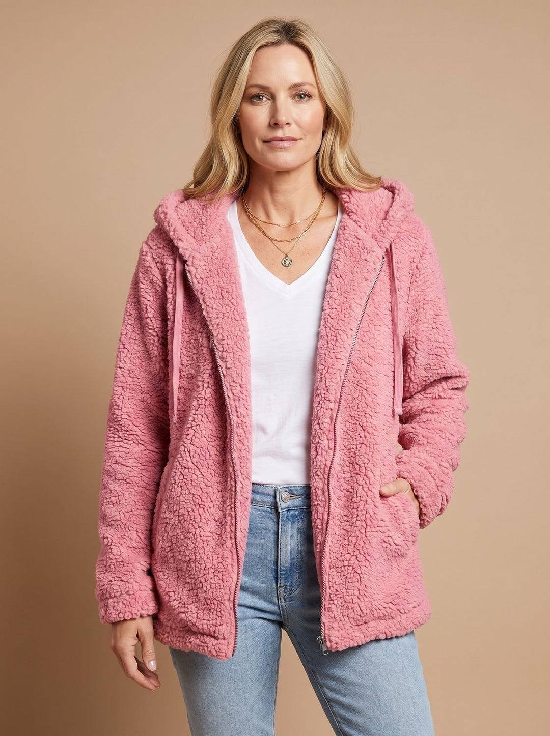 Dames Teddy Jas met Capuchon Open Voorkant Pluche Fleece - Roze