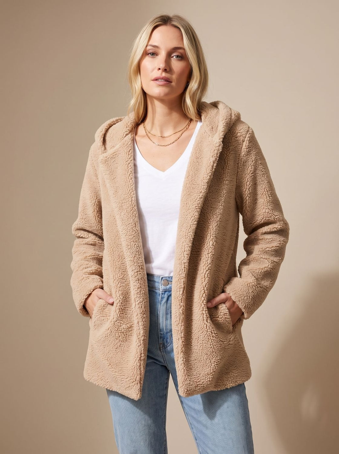 Dames Teddy Jas met Capuchon Open Voorkant Pluche Fleece