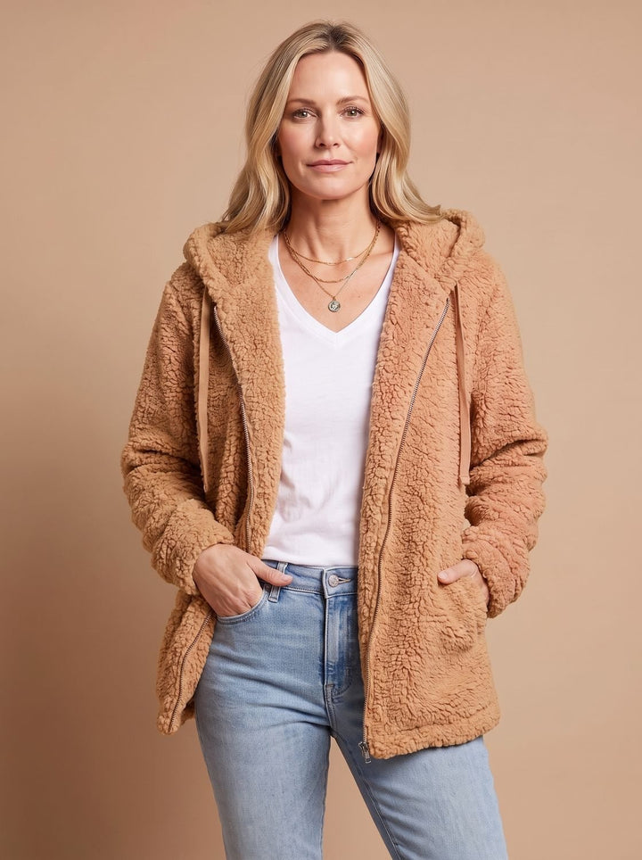 Dames Teddy Jas met Capuchon Open Voorkant Pluche Fleece