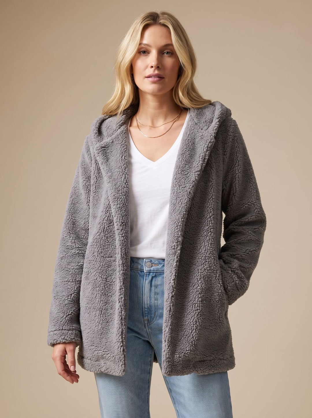 Dames Teddy Jas met Capuchon Open Voorkant Pluche Fleece