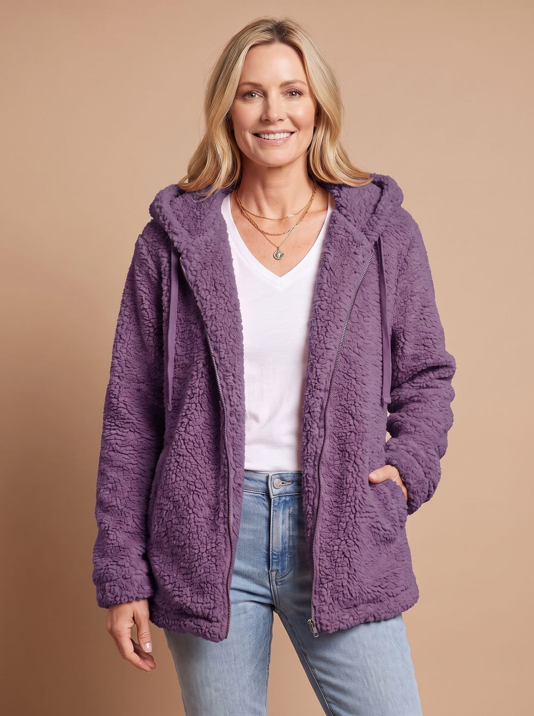 Dames Teddy Jas met Capuchon Open Voorkant Pluche Fleece - Paars