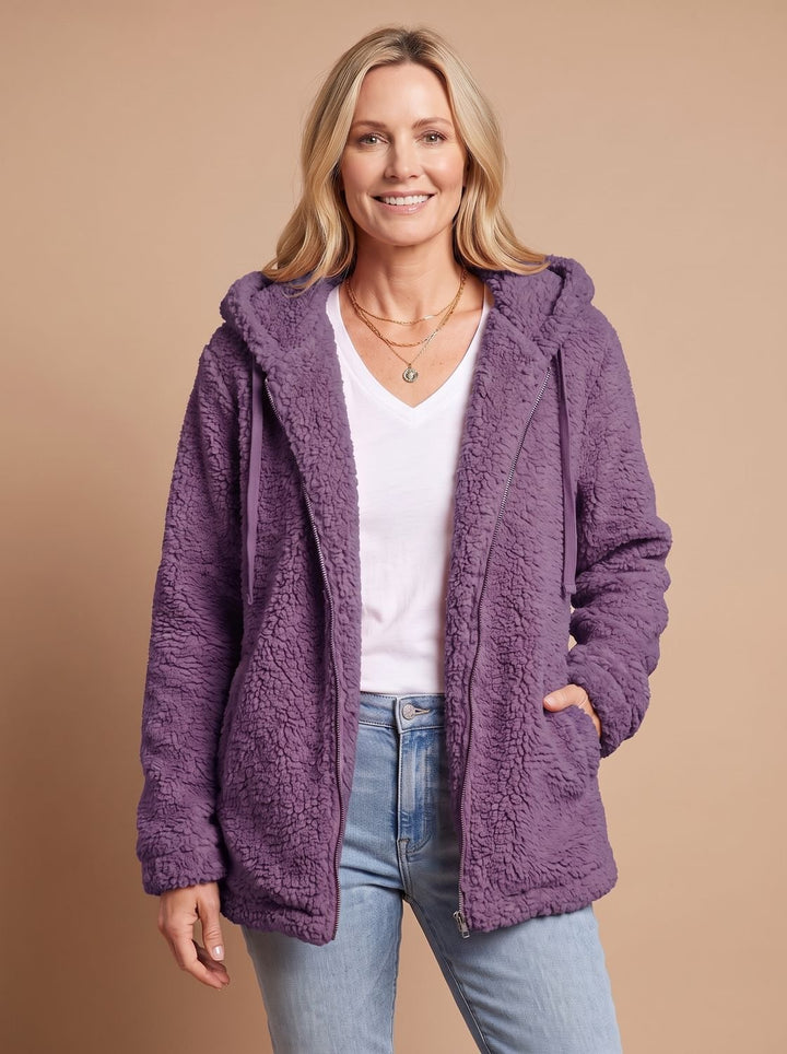 Dames Teddy Jas met Capuchon Open Voorkant Pluche Fleece - Paars