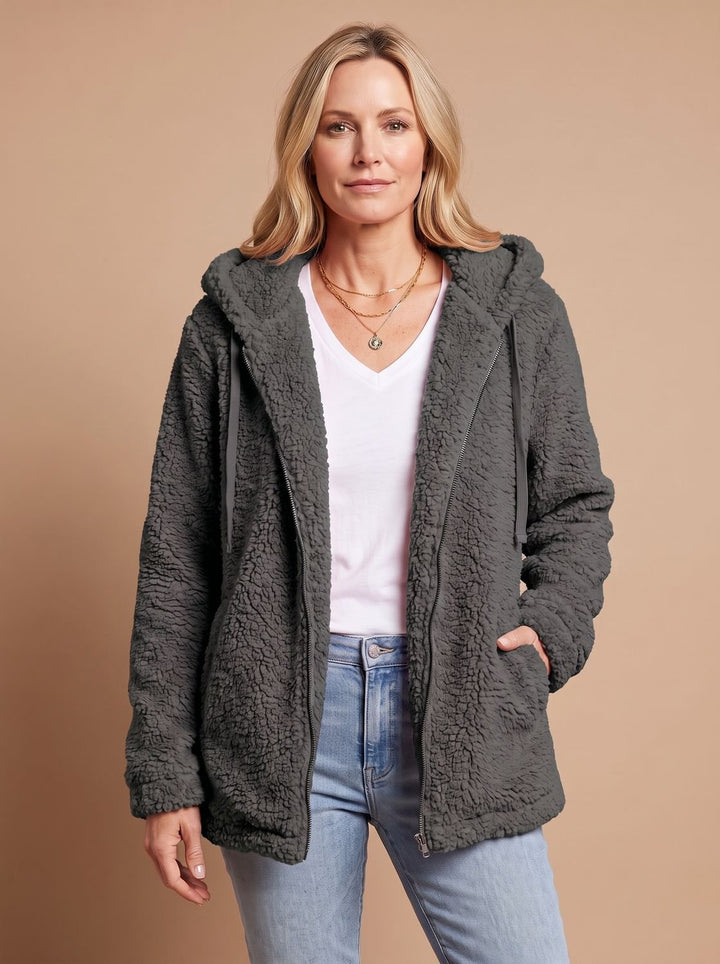 Dames Teddy Jas met Capuchon Open Voorkant Pluche Fleece - Zwart