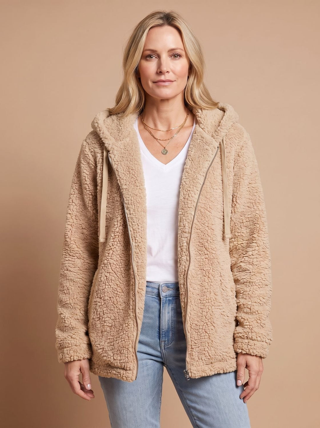 Dames Teddy Jas met Capuchon Open Voorkant Pluche Fleece - Beige