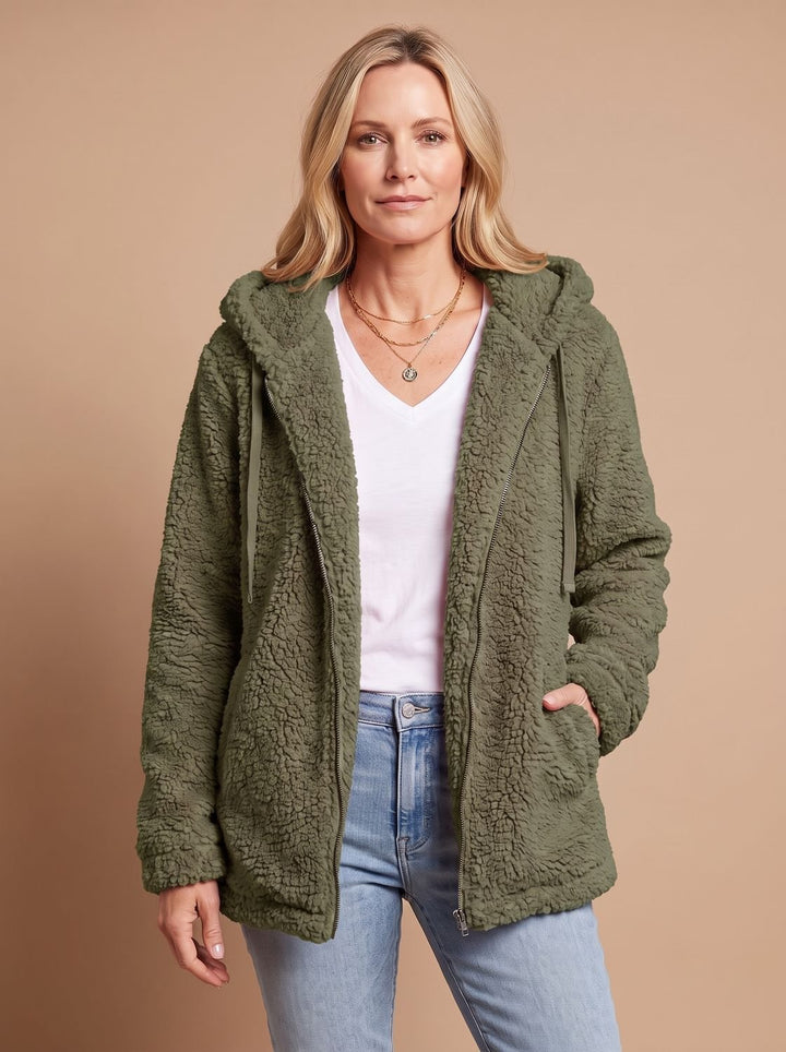 Dames Teddy Jas met Capuchon Open Voorkant Pluche Fleece - Groen