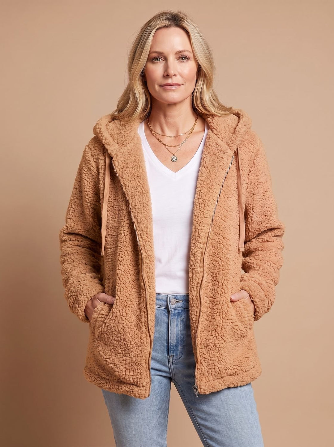 Dames Teddy Jas met Capuchon Open Voorkant Pluche Fleece - Cappuccino