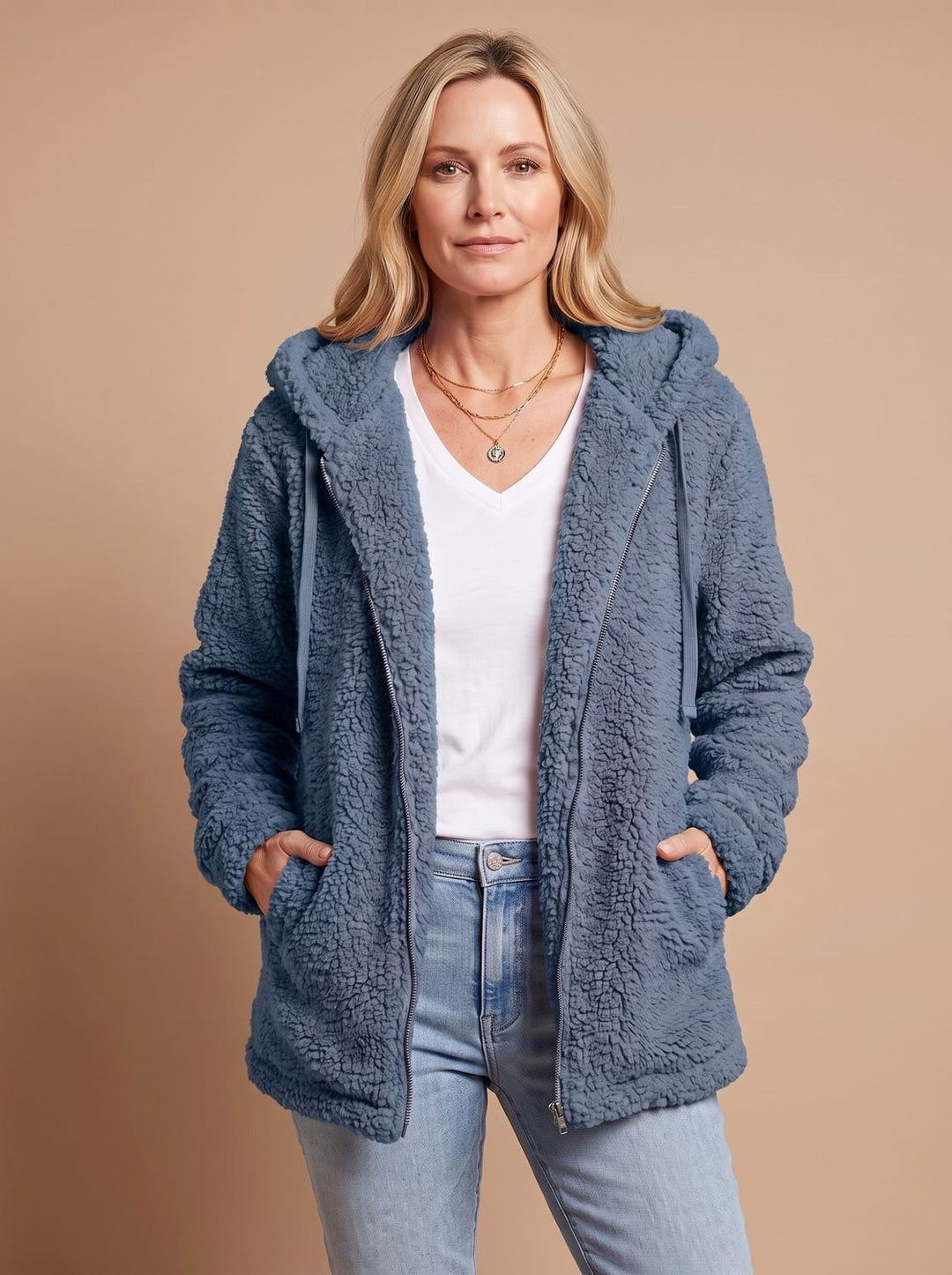 Dames Teddy Jas met Capuchon Open Voorkant Pluche Fleece - Blauw