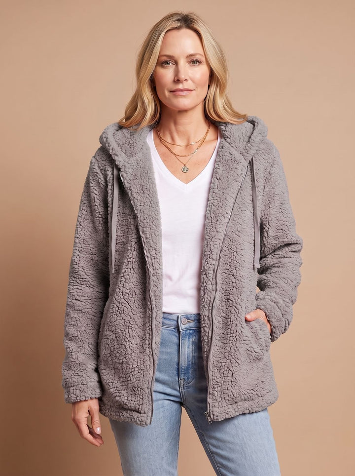 Dames Teddy Jas met Capuchon Open Voorkant Pluche Fleece - Donkergrijs