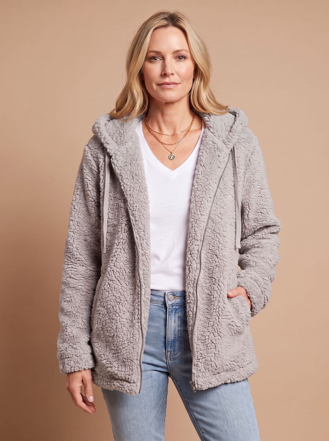 Dames Teddy Jas met Capuchon Open Voorkant Pluche Fleece - Lichtgrijs