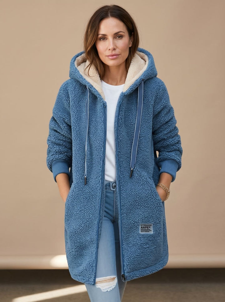 Dames Teddy Jas met Capuchon Rits Fleece Lange Winterjas - Blauw