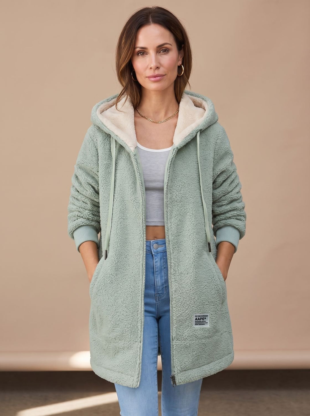 Dames Teddy Jas met Capuchon Rits Fleece Lange Winterjas - Groen