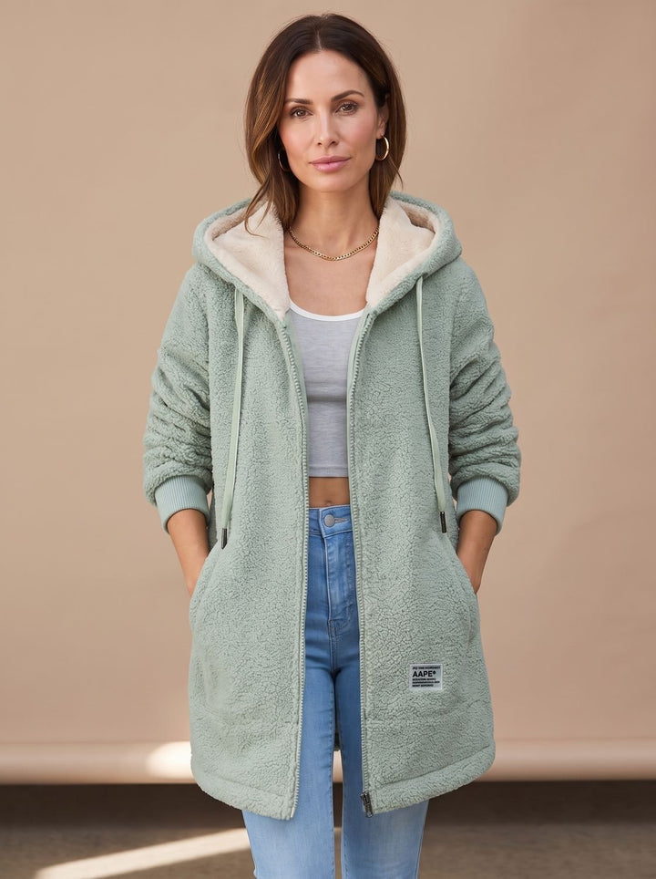 Dames Teddy Jas met Capuchon Rits Fleece Lange Winterjas - Groen