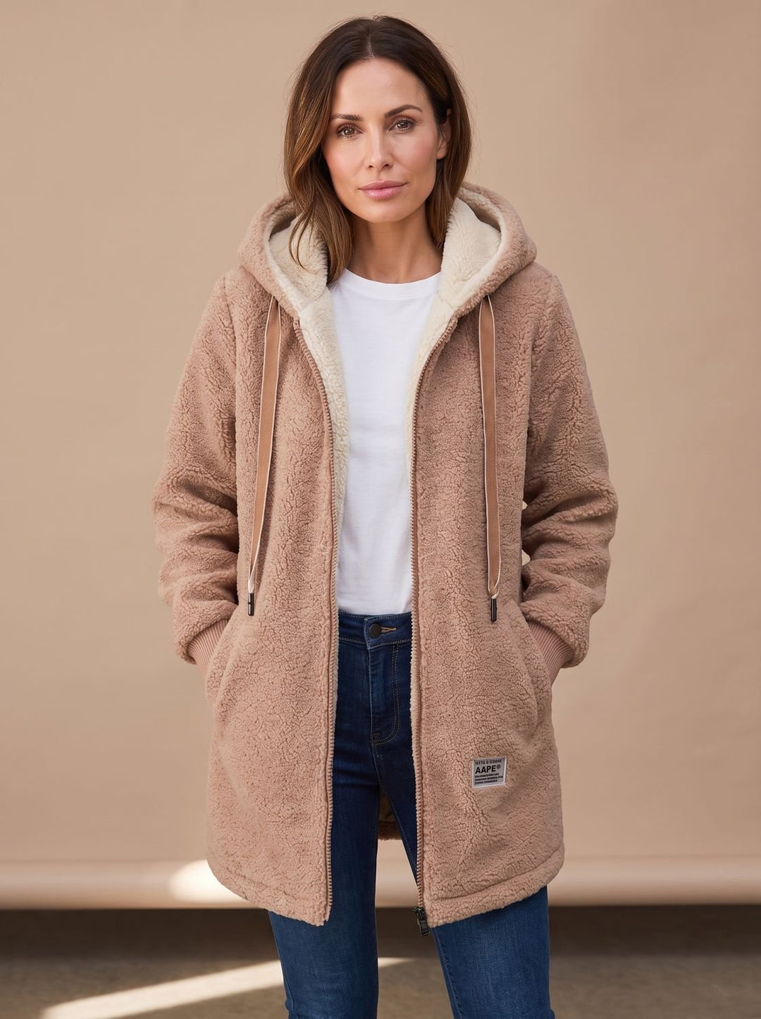 Dames Teddy Jas met Capuchon Rits Fleece Lange Winterjas - Bruin