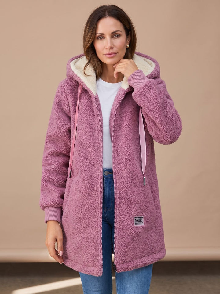 Dames Teddy Jas met Capuchon Rits Fleece Lange Winterjas - Roze