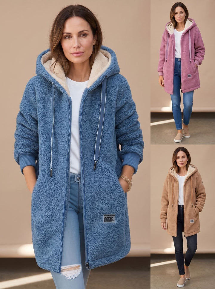 Dames Teddy Jas met Capuchon Rits Fleece Lange Winterjas