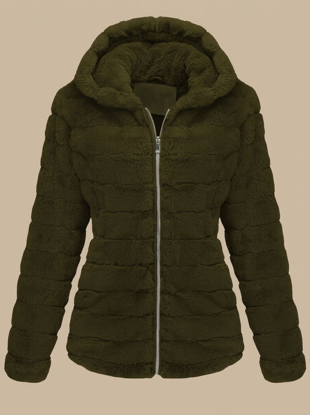 Dames Teddy Jas met Capuchon Rits Nepbont Regular Fit - Legergroen