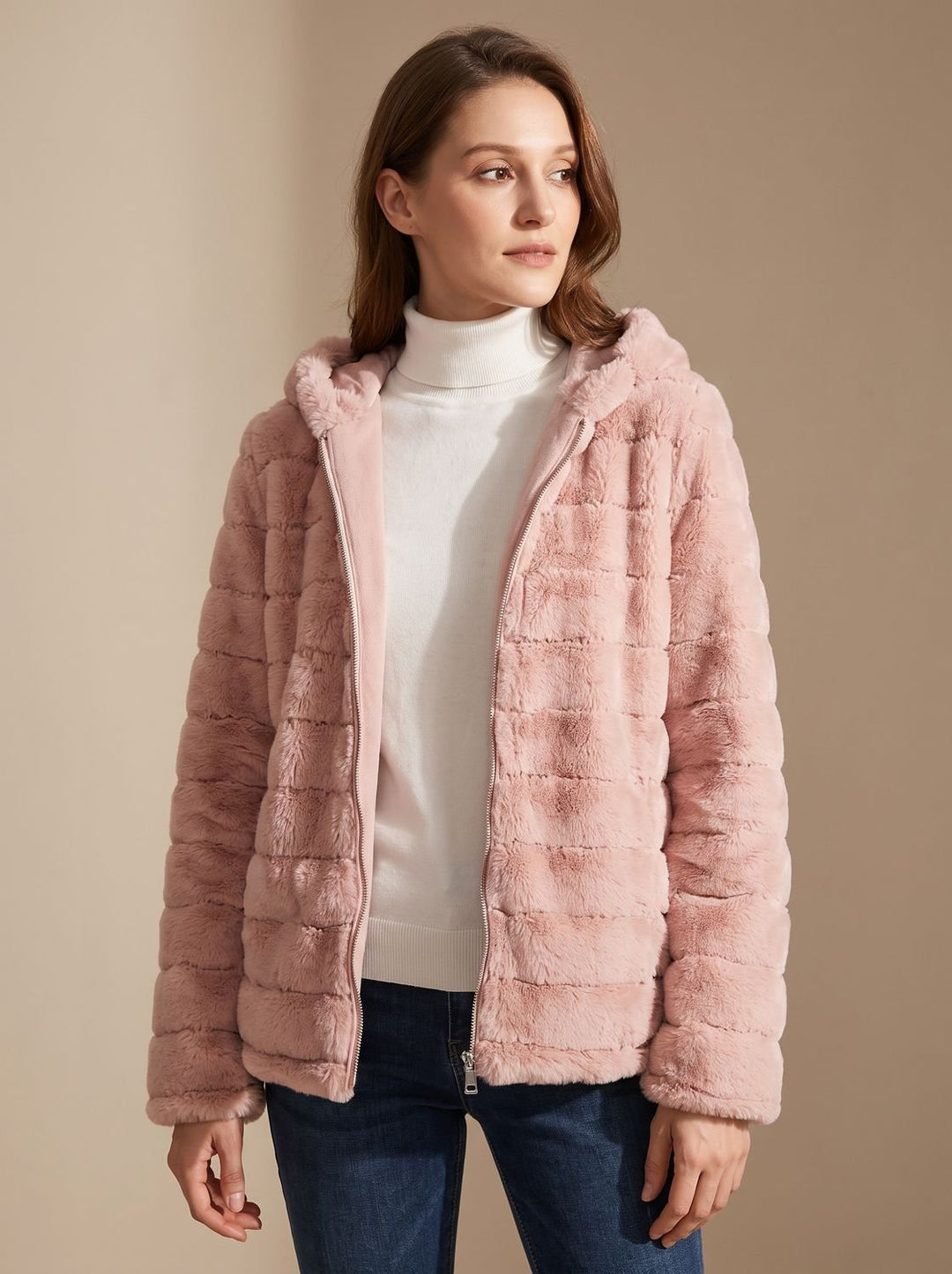 Dames Teddy Jas met Capuchon Rits Nepbont Regular Fit - Roze