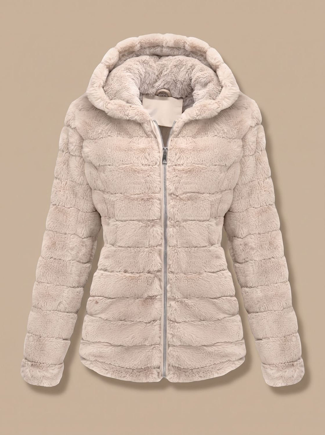 Dames Teddy Jas met Capuchon Rits Nepbont Regular Fit - Beige