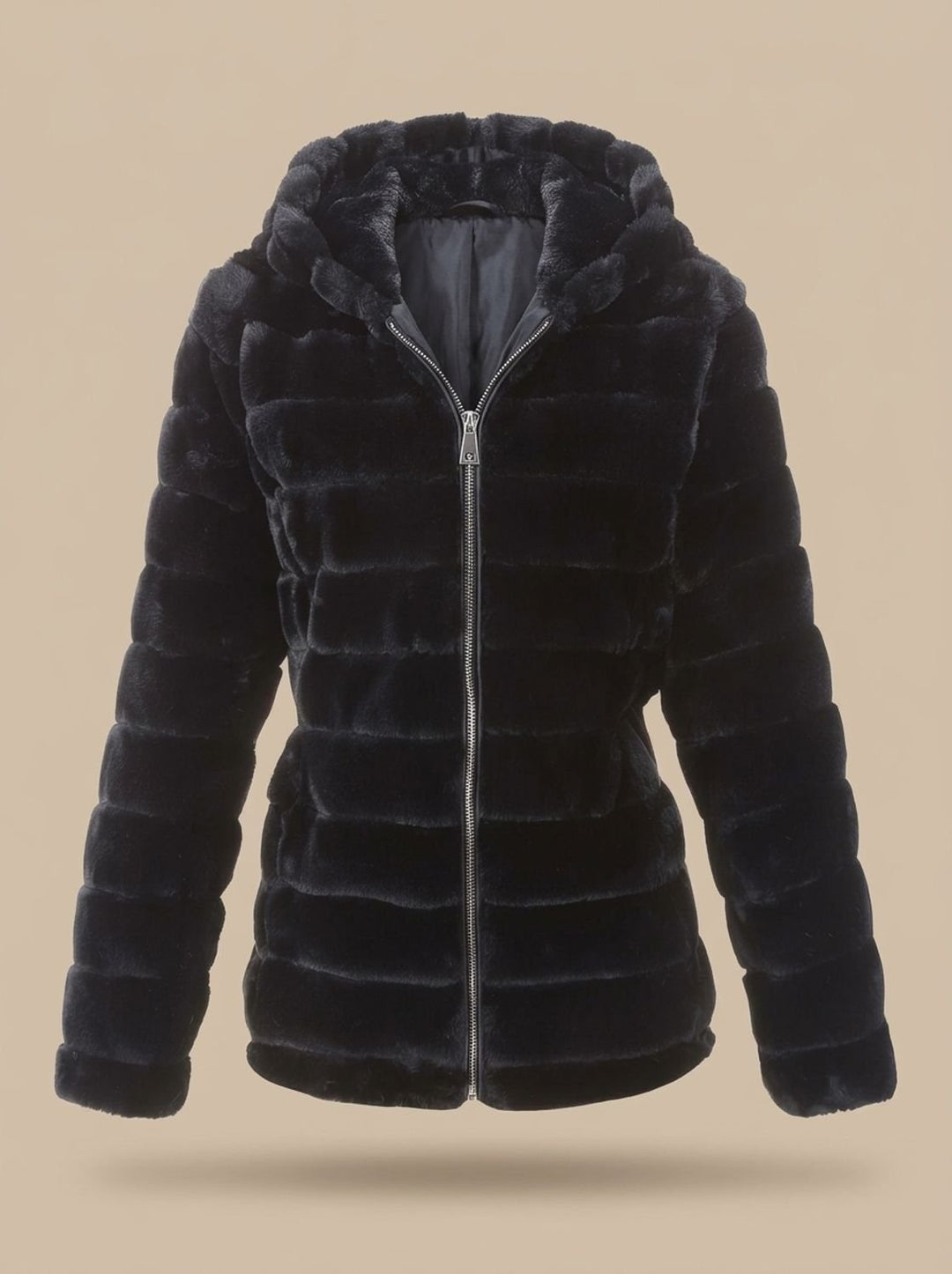 Dames Teddy Jas met Capuchon Rits Nepbont Regular Fit - Zwart