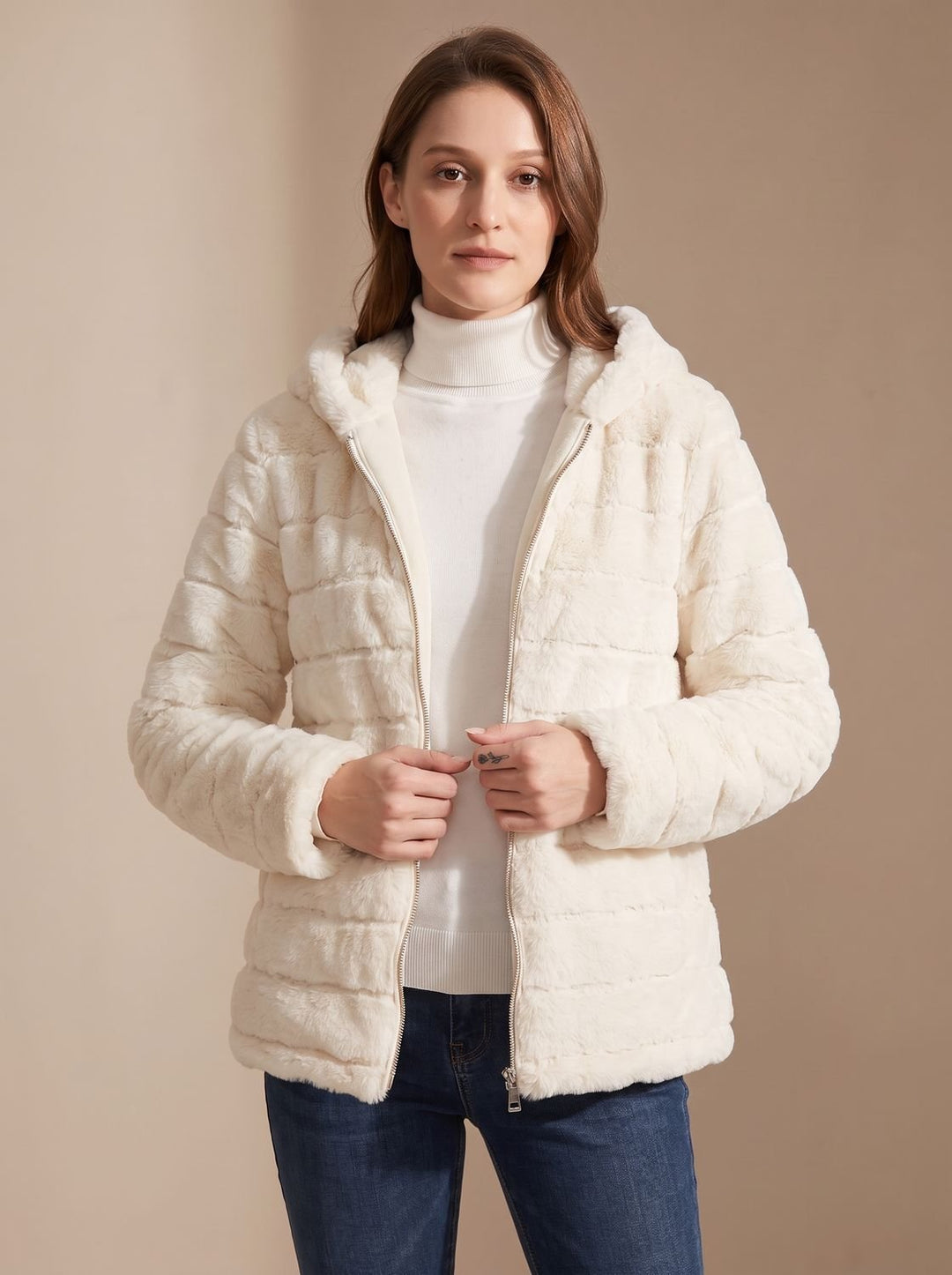 Dames Teddy Jas met Capuchon Rits Nepbont Regular Fit - Wit