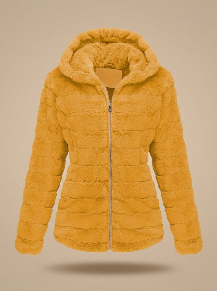 Dames Teddy Jas met Capuchon Rits Nepbont Regular Fit - Geel