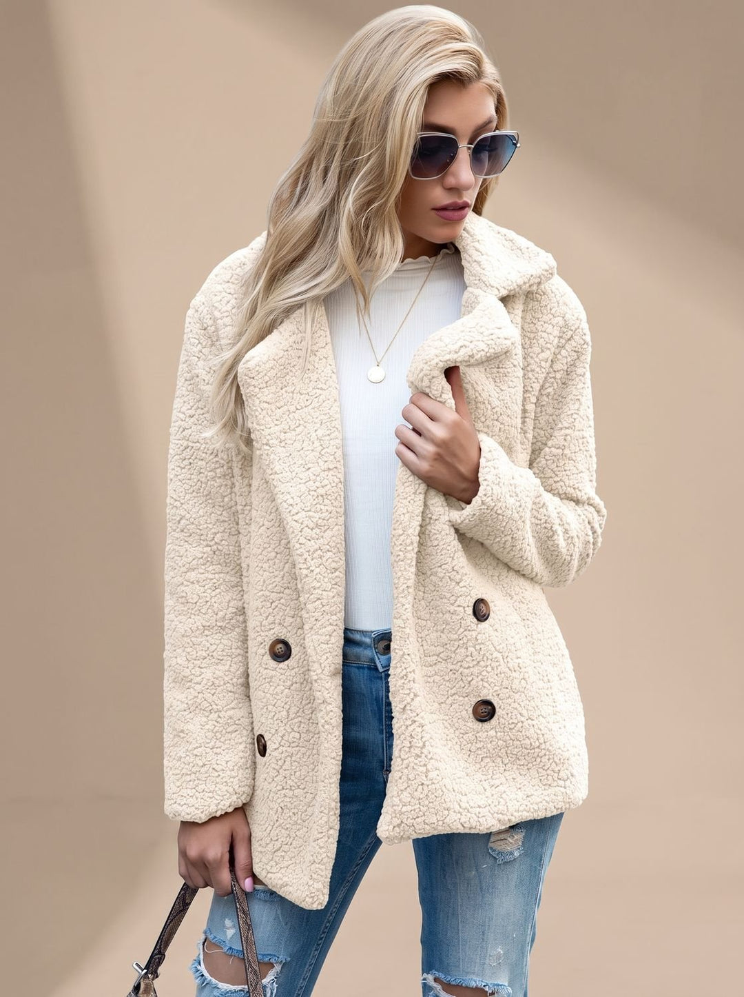 Dames Teddy Jas met Revers Kraag en Knoopsluiting - Beige