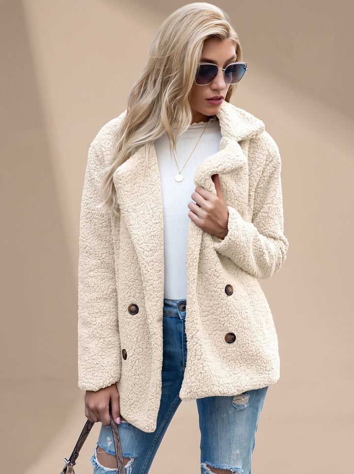 Dames Teddy Jas met Revers Kraag en Knoopsluiting - Beige