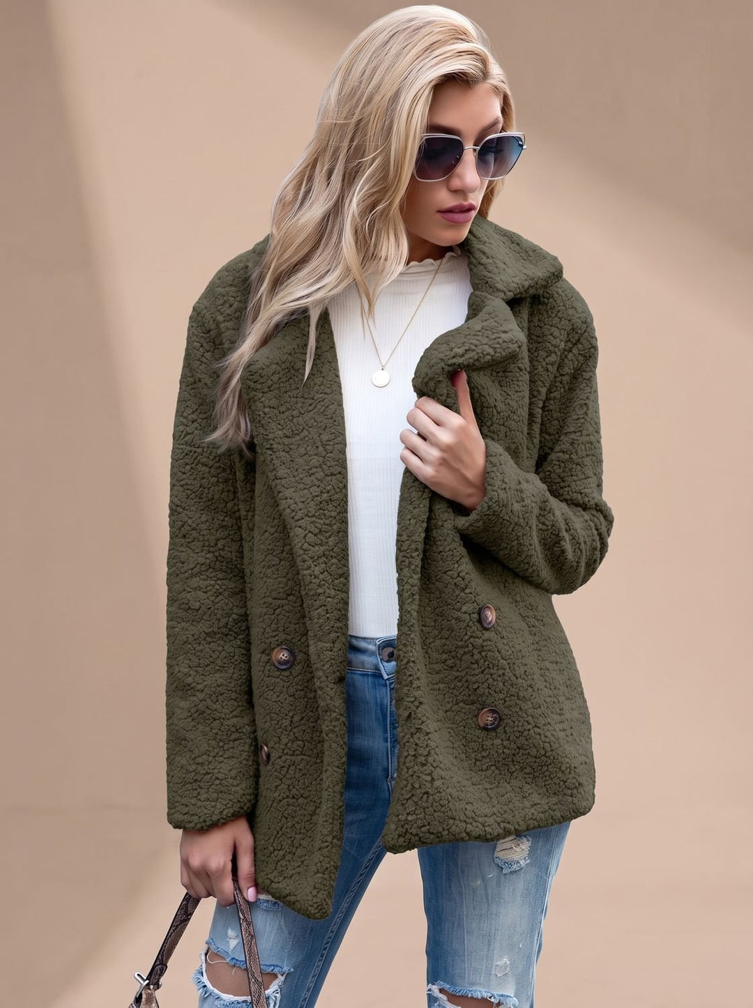 Dames Teddy Jas met Revers Kraag en Knoopsluiting - Zwart