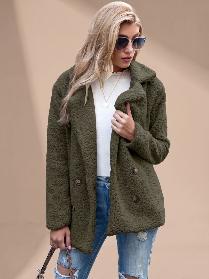 Dames Teddy Jas met Revers Kraag en Knoopsluiting - Zwart