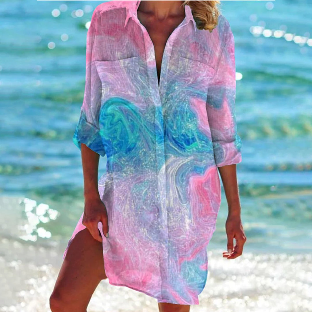 Dames Tie-Dye Oversized Zomer Hemdblousejurk - Roze Zeemeerminprint