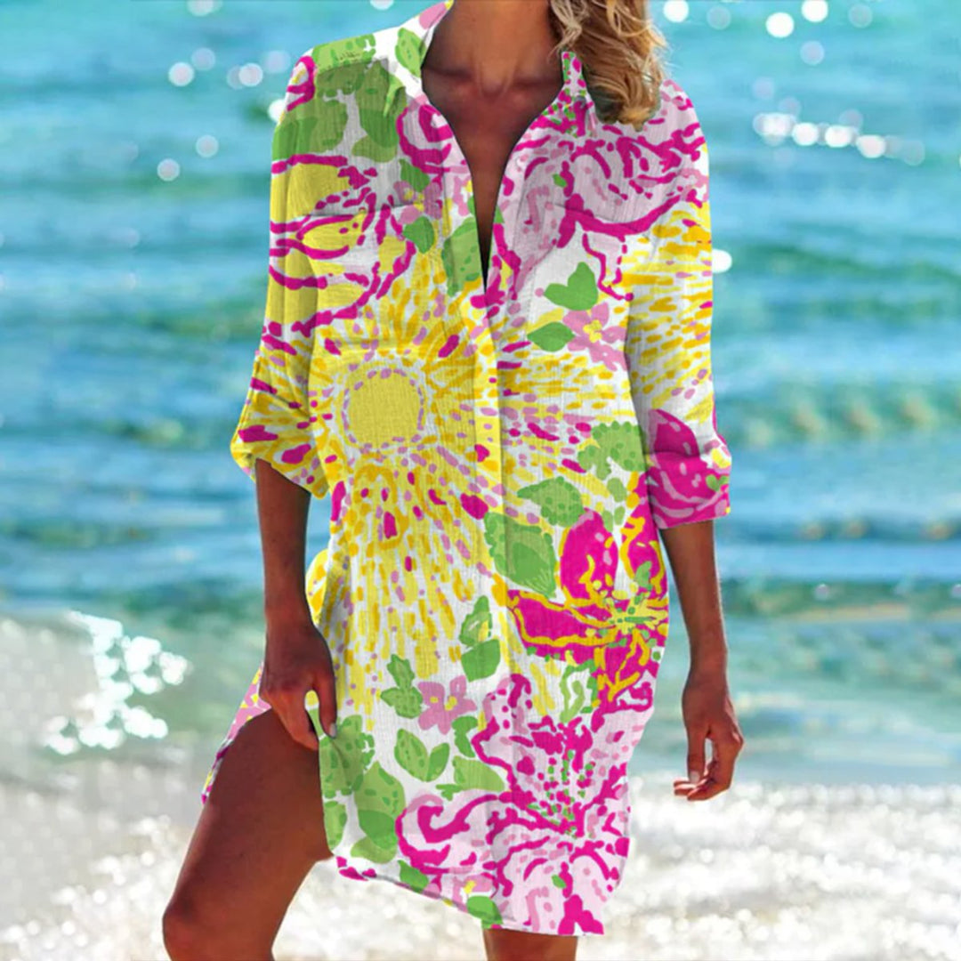 Dames Tie-Dye Oversized Zomer Hemdblousejurk - Geel met Bloemenprint