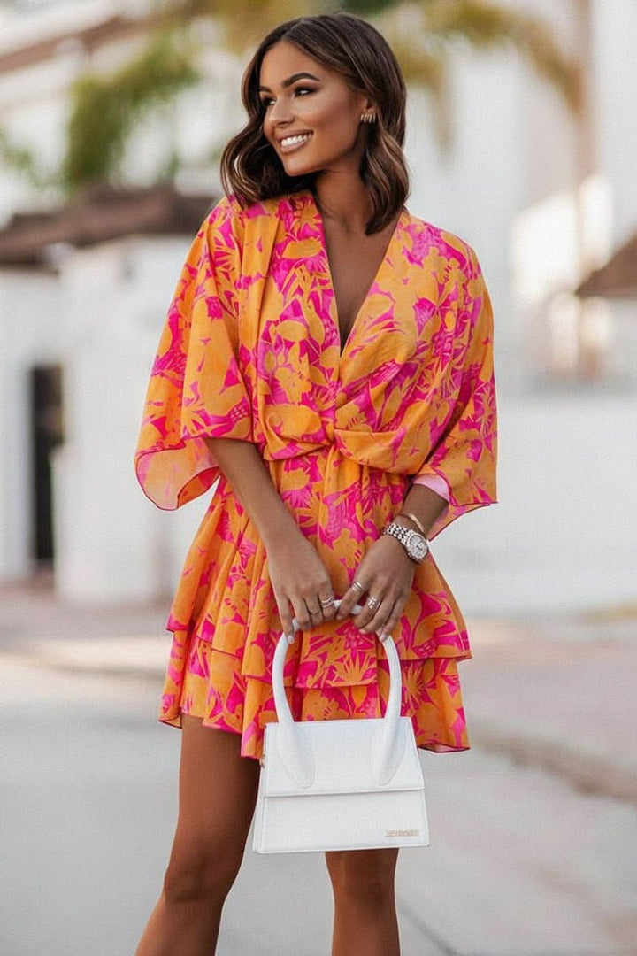 Dames Tropische Mini Cocktaildress Boho V-hals Gelaagde Rok - Orange