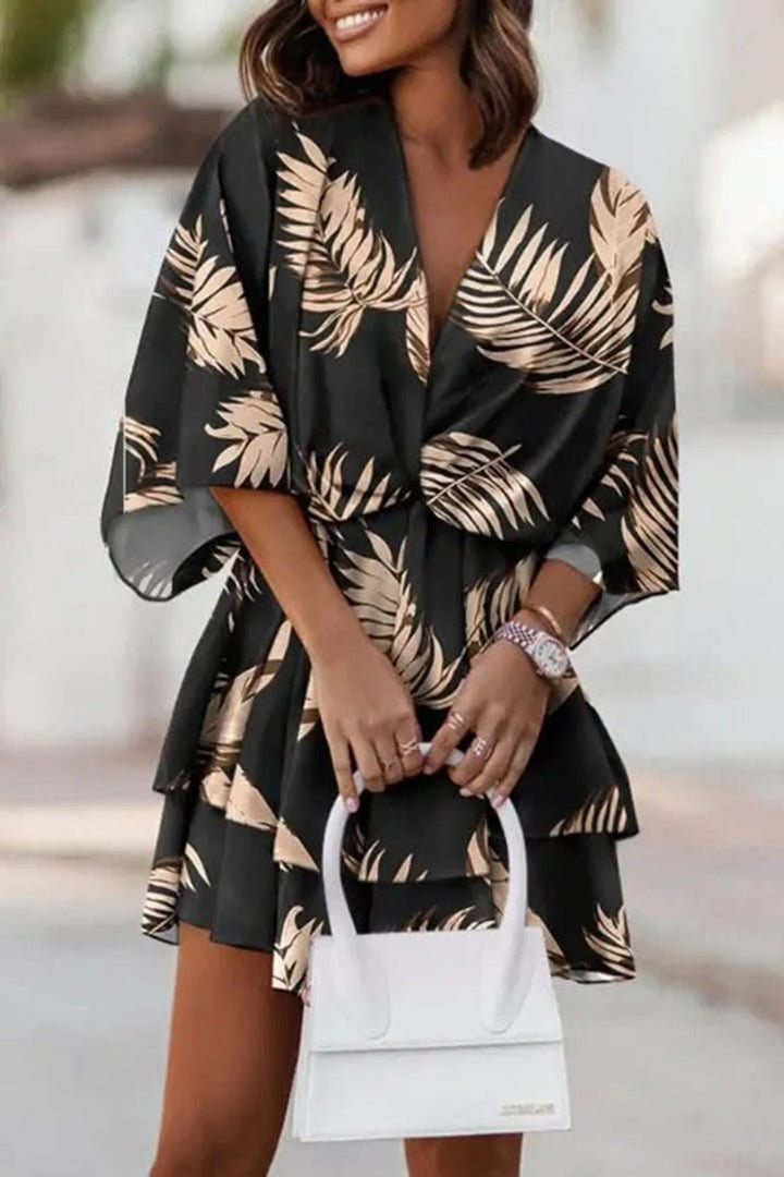 Dames Tropische Mini Cocktaildress Boho V-hals Gelaagde Rok - Black