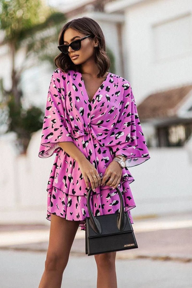 Dames Tropische Mini Cocktaildress Boho V-hals Gelaagde Rok - Pink