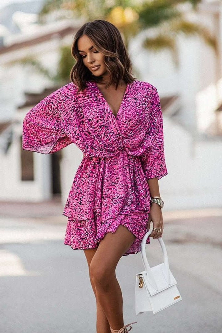 Dames Tropische Mini Cocktaildress Boho V-hals Gelaagde Rok - Purple