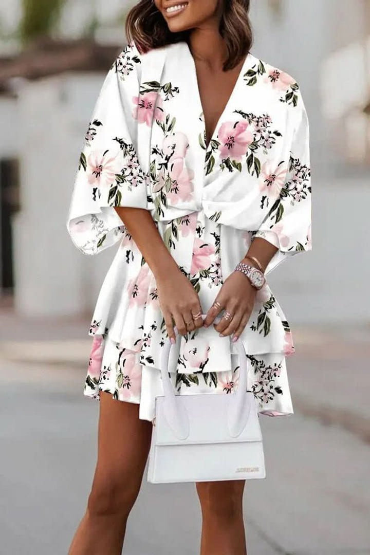 Dames Tropische Mini Cocktaildress Boho V-hals Gelaagde Rok - White