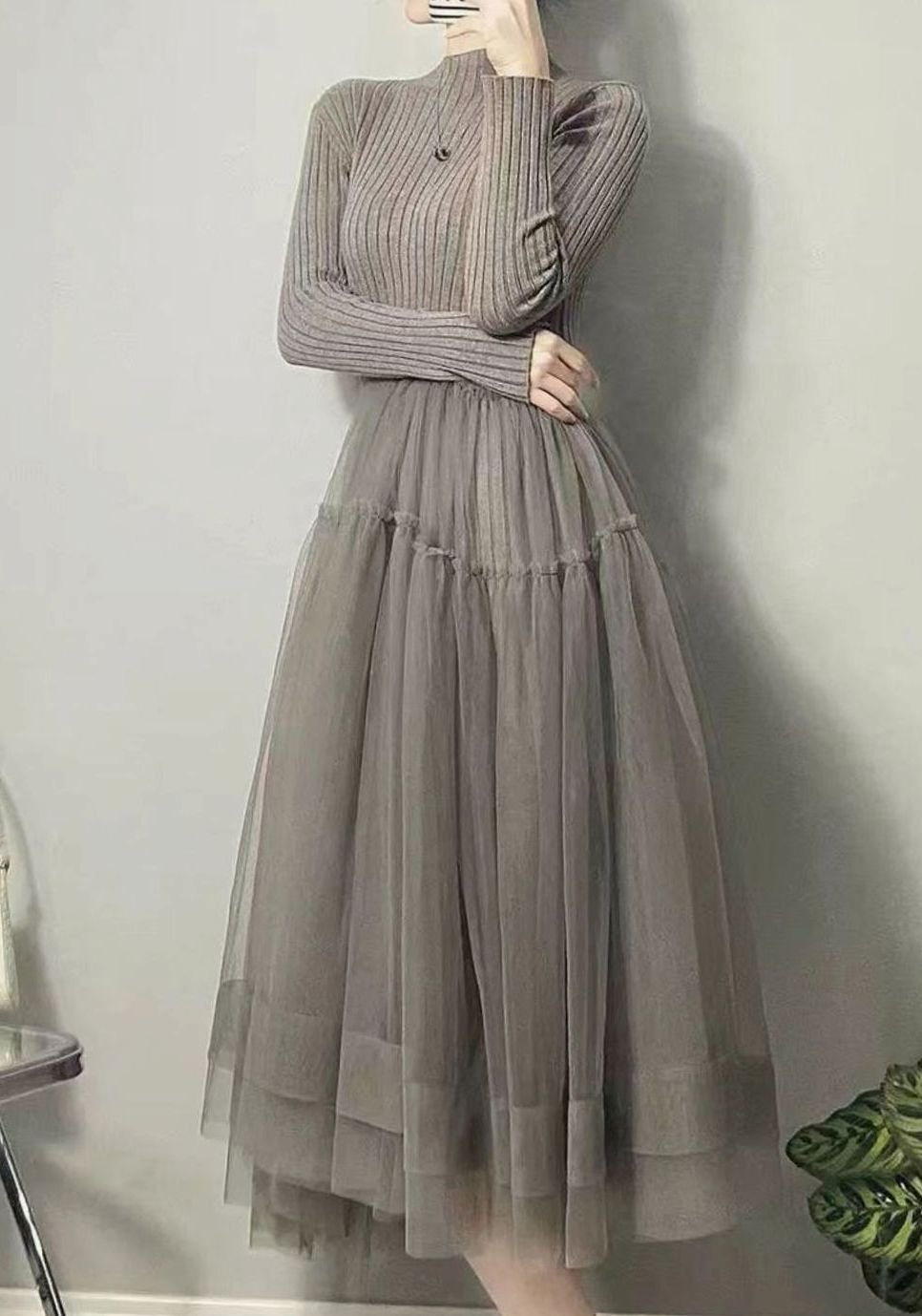 Dames Trui Jurk Lange Mouwen Gebreide Midi Tule Rok