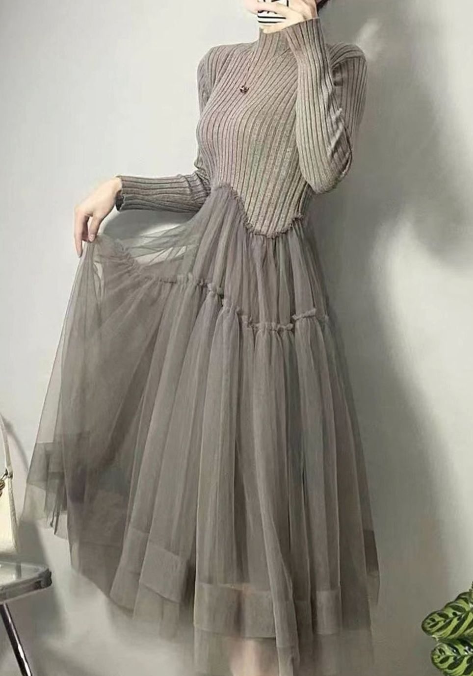 Dames Trui Jurk Lange Mouwen Gebreide Midi Tule Rok