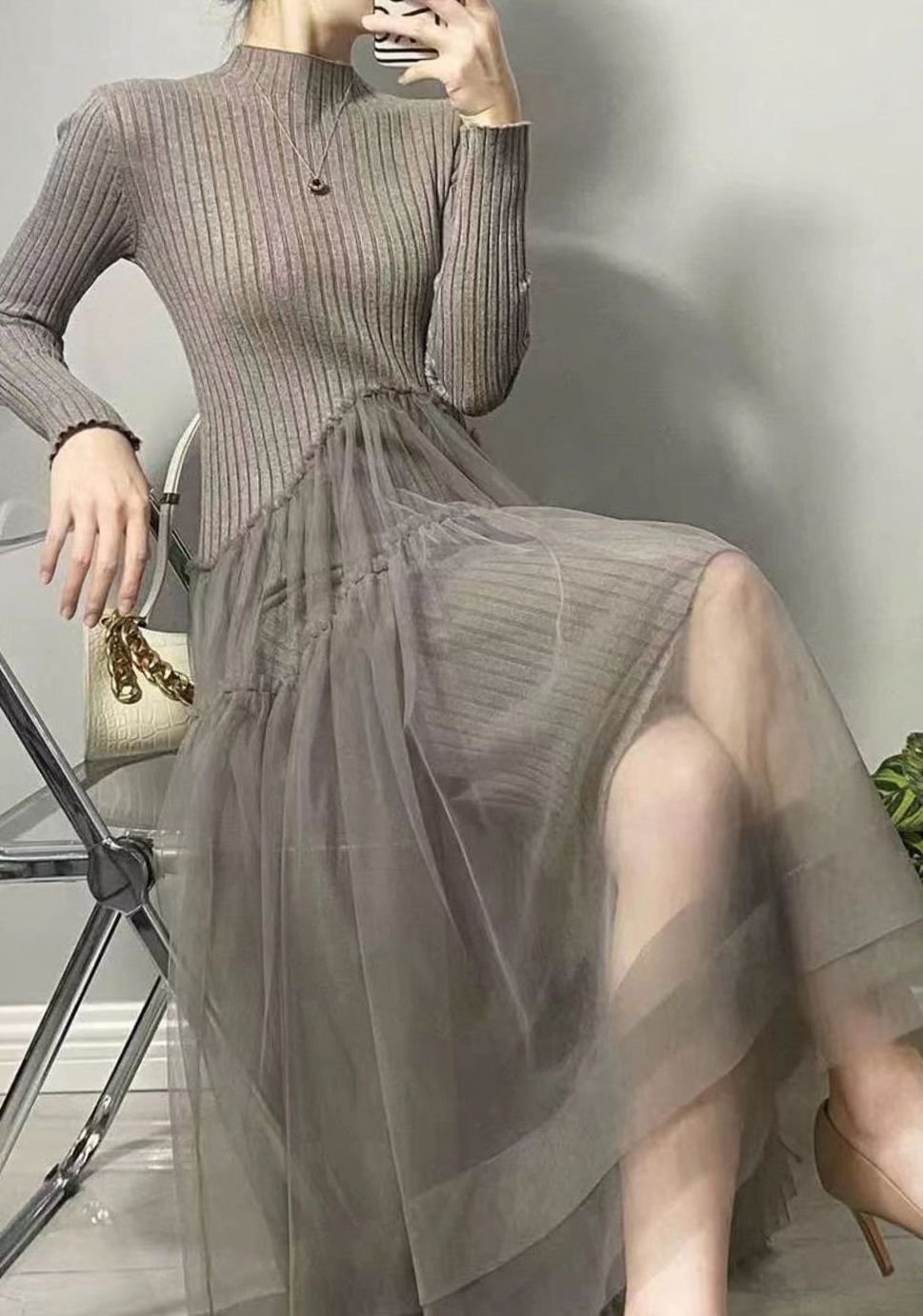 Dames Trui Jurk Lange Mouwen Gebreide Midi Tule Rok