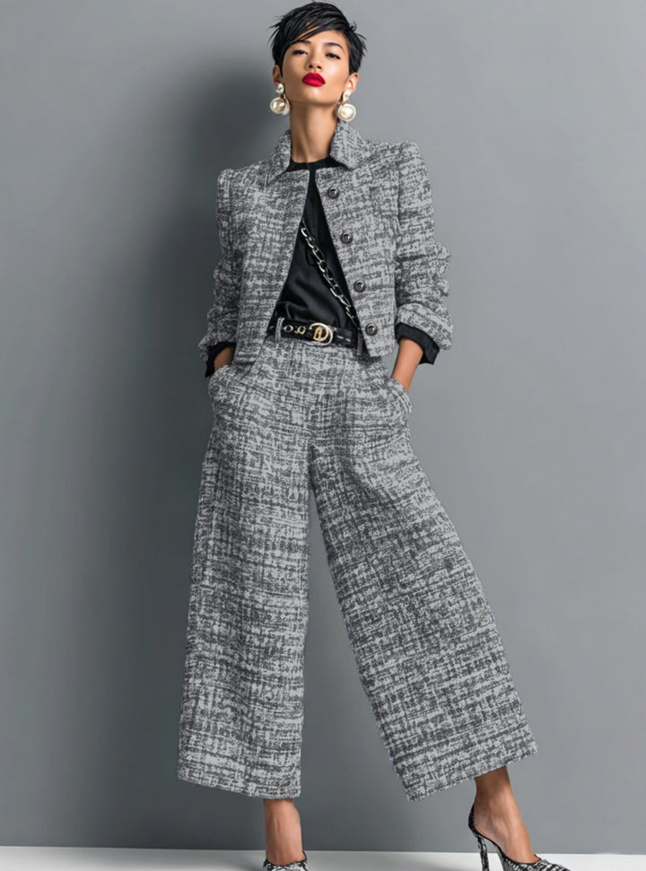 Dames Tweed Tweedelig Wijdvallend Broekpak met Gestructureerde Blazer - Zwart
