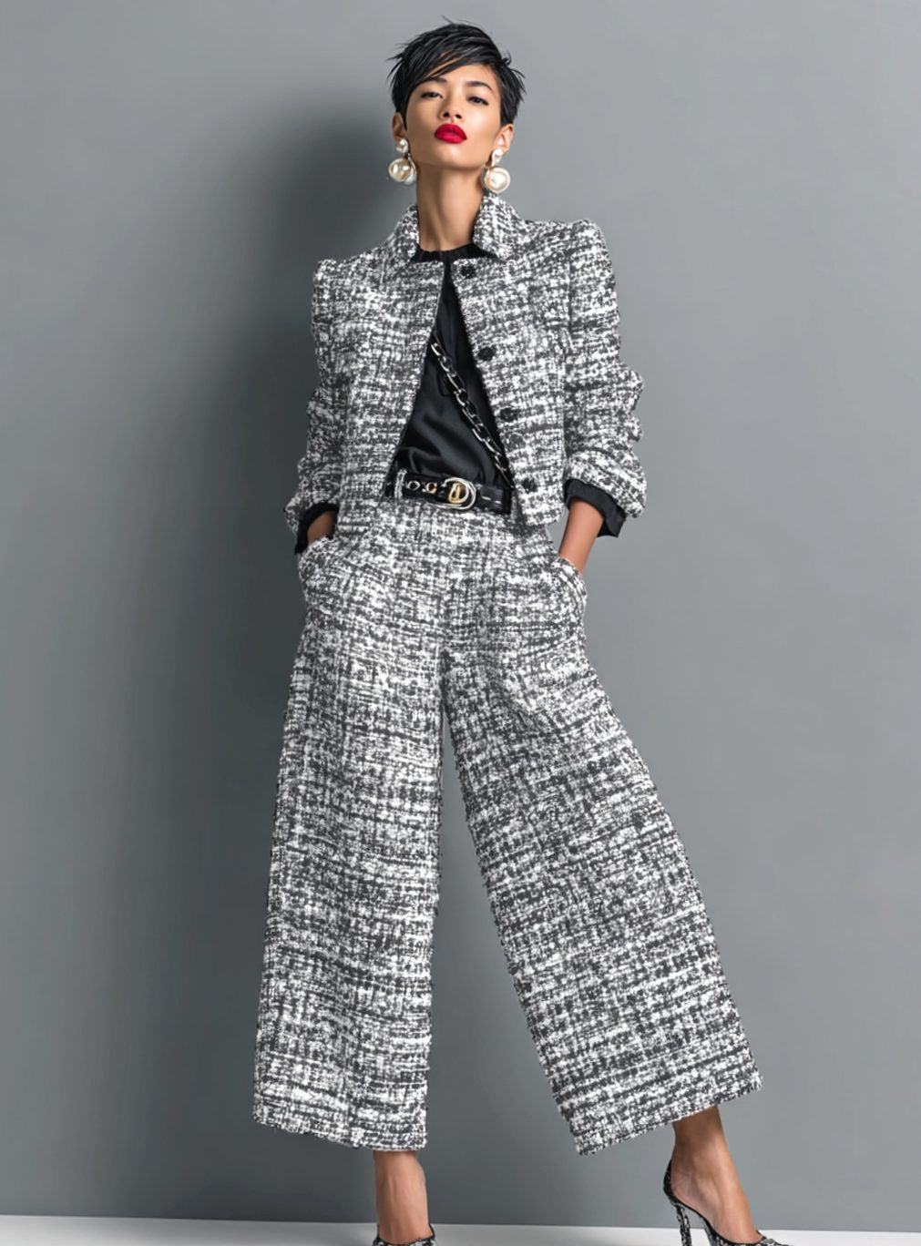 Dames Tweed Tweedelig Wijdvallend Broekpak met Gestructureerde Blazer - Grijs
