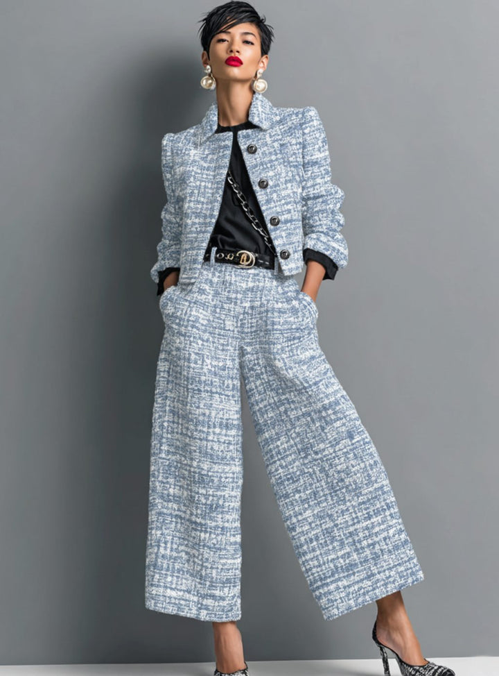 Dames Tweed Tweedelig Wijdvallend Broekpak met Gestructureerde Blazer - Blauw
