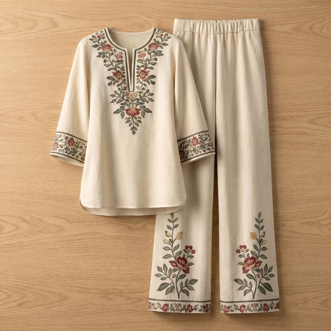 Dames Tweedelige Set Geborduurde Tuniek Wijdbeense Broek - Beige