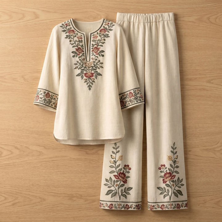Dames Tweedelige Set Geborduurde Tuniek Wijdbeense Broek - Beige