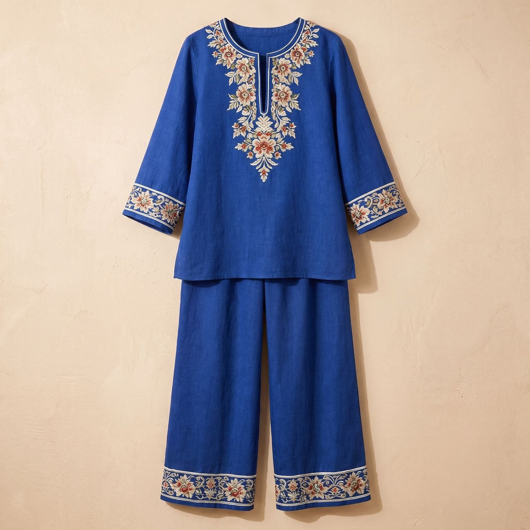 Dames Tweedelige Set Geborduurde Tuniek Wijdbeense Broek - Blauw
