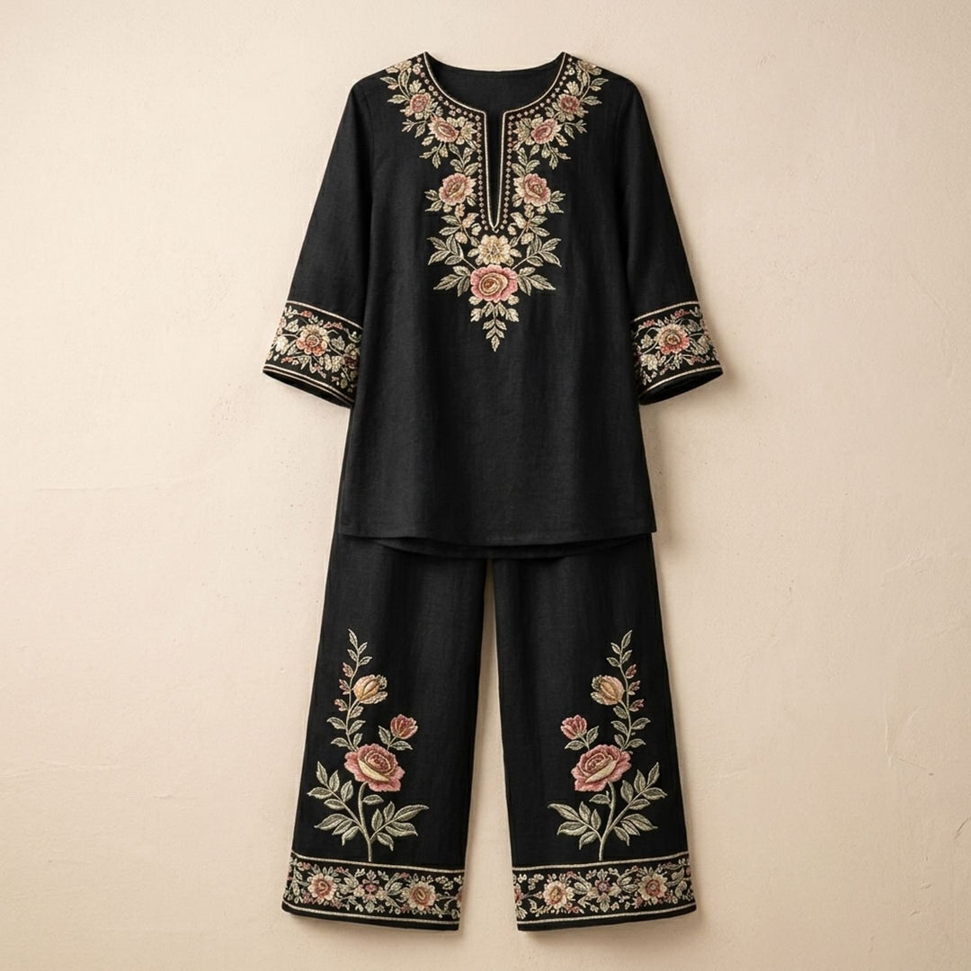 Dames Tweedelige Set Geborduurde Tuniek Wijdbeense Broek - Zwart