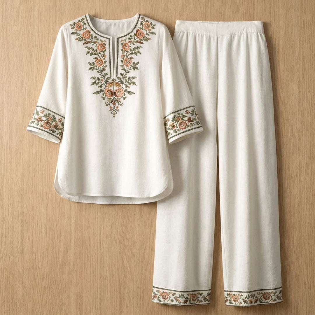 Dames Tweedelige Set Geborduurde Tuniek Wijdbeense Broek - Wit