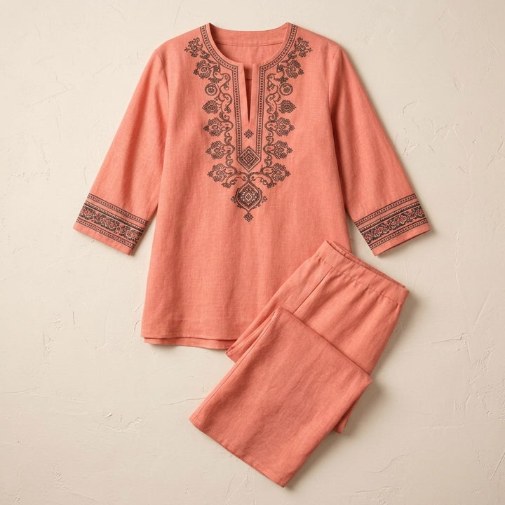 Dames Tweedelige Set Geborduurde Tuniek Wijdbeense Broek - Roze